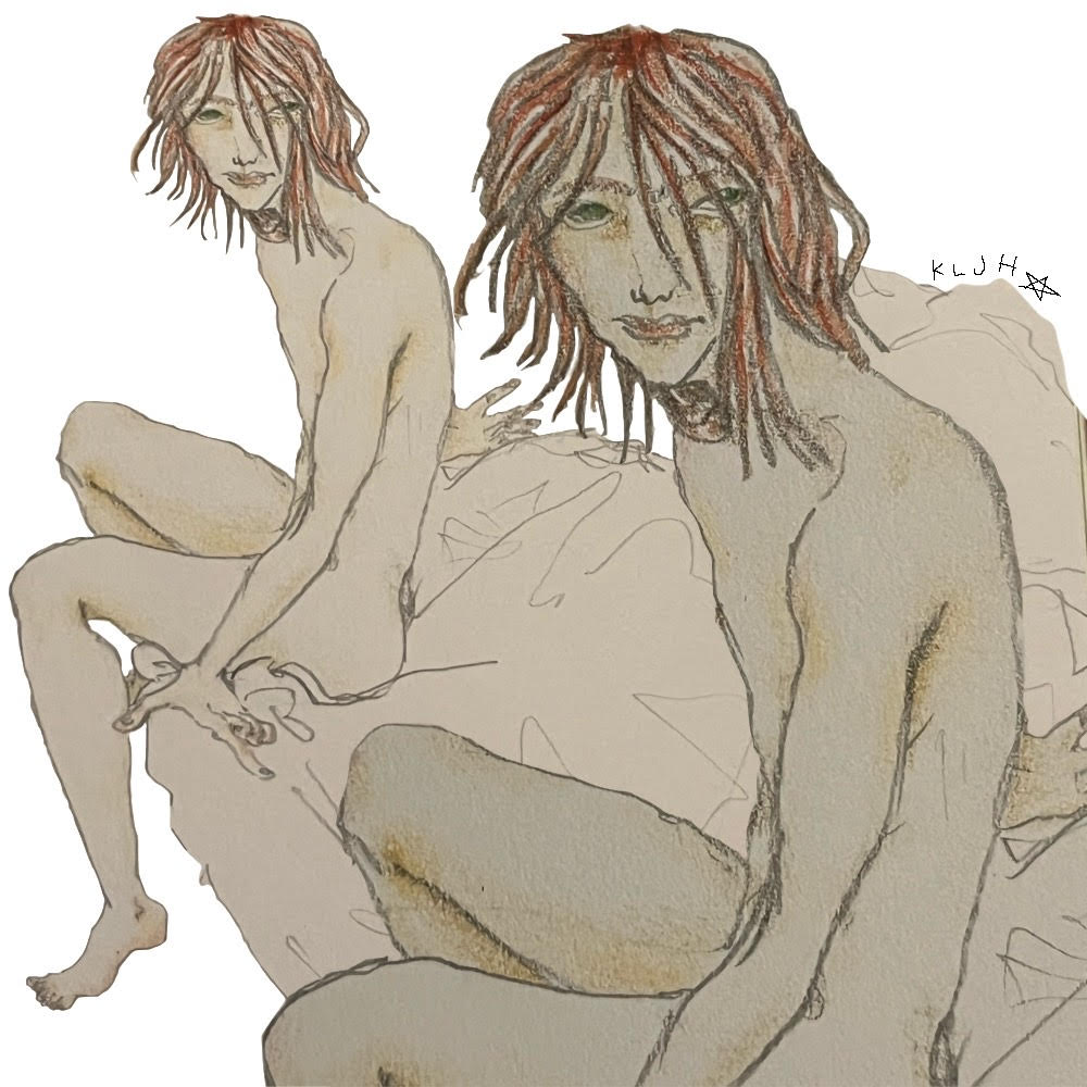 Drawing of two of the same redheaded man sitting together on a bed.